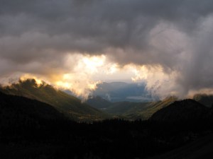 Morning sun amidst turbulent clouds.